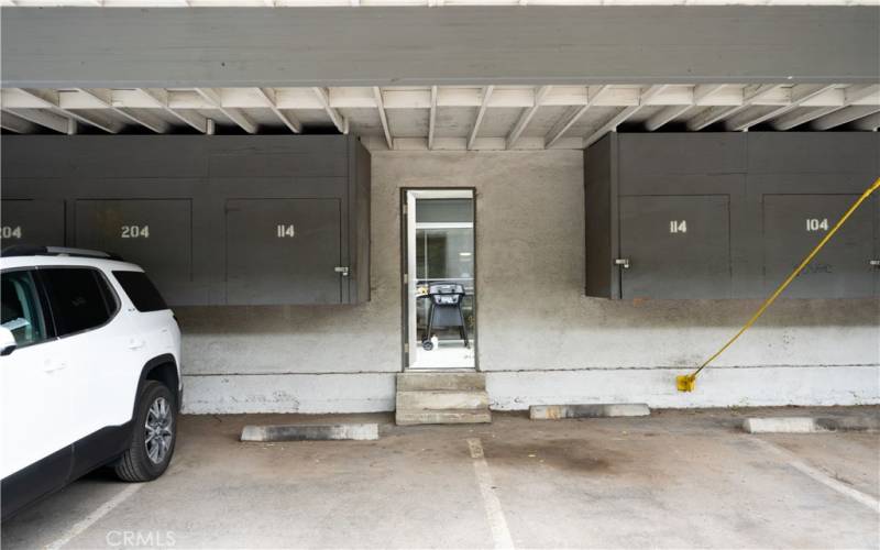 Two side/side parking spots with an access to your own private patio and the unit