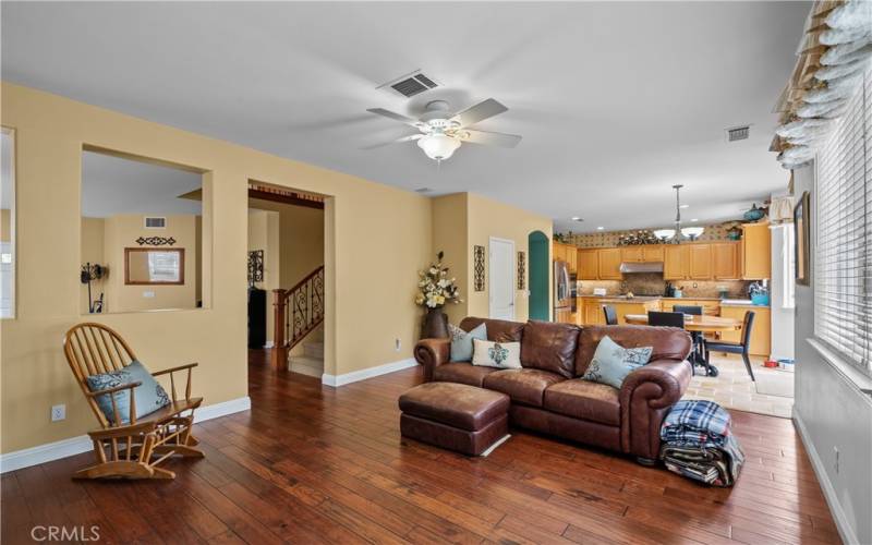 Open concept family room, dining area and kitchen