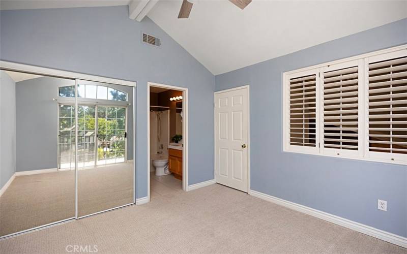 Loft has been enclosed with a privacy door and plantation shutters.  ensuite bathroom.  Peaked ceiling with ceiling fan.