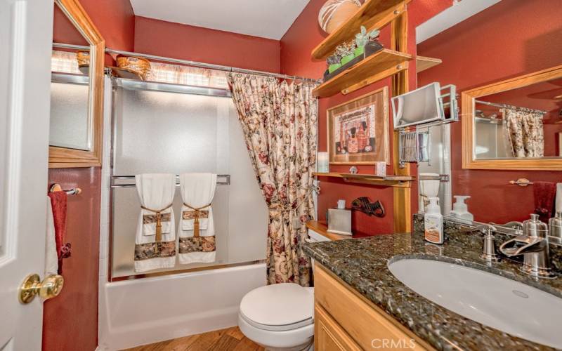 GRANITE COUNTERS IN THE HALL BATHROOM.