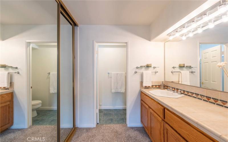 Large, light a bright primary bedroom has a spacious dressing area and vanity and walk-in shower.