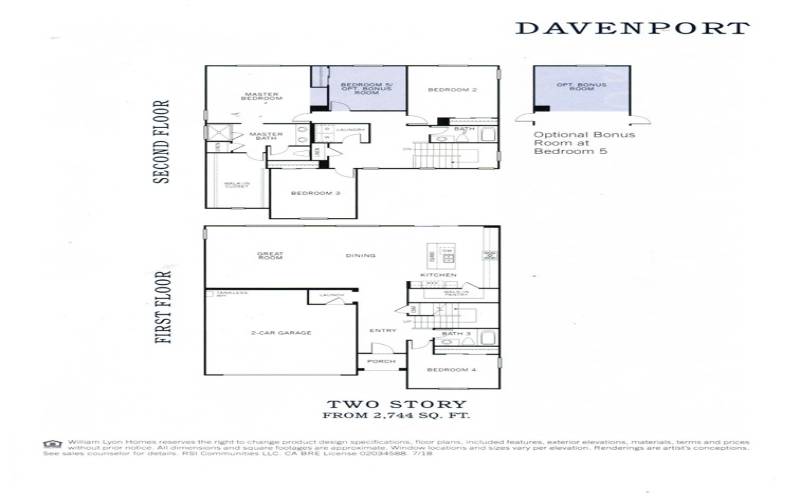 Floor Plan of Davanport by William Lyon shown approx. 2,744 sq ft. built and completed in approx.Nov. 2019.