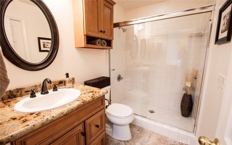 Downstairs bathroom adjacent to bedroom.