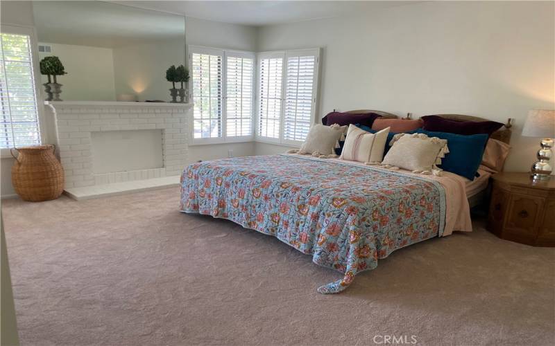 The Primary bedroom is located upstairs with a lovely view of the park and a romantic fireplace.