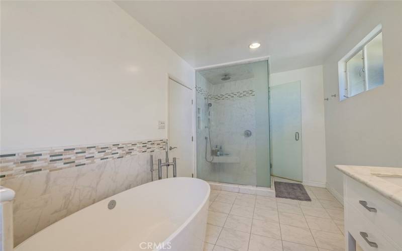 Separate shower and soaking tub.