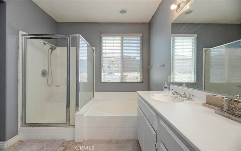 Separate tub and shower in the master's bathroom.