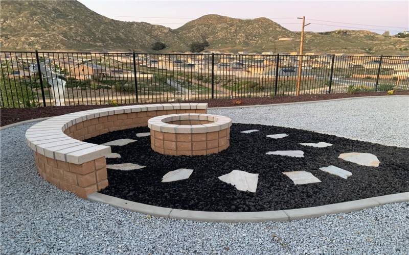 Rear Yard with complete landscape with rocks and drought tolerant plants and Fire Pit.