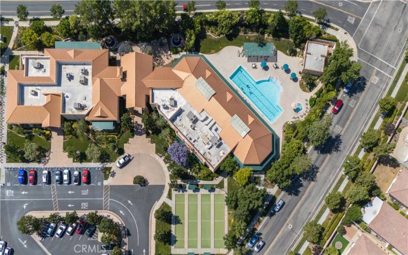 Clubhouse aerial view of pool.