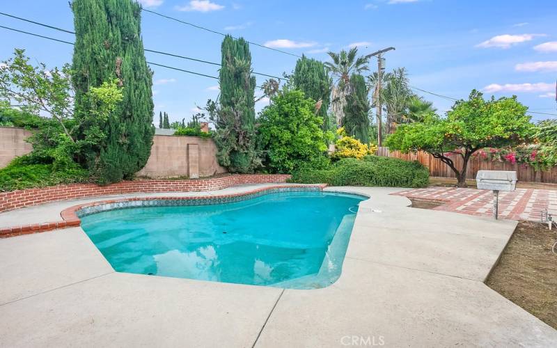 The beautiful lush backyard will be a favorite entertainment destination with its sparkling in-ground pool, open patio, attractive raised brick planters, well-trimmed hedges, separate grassy area, and mature lemon and orange trees.