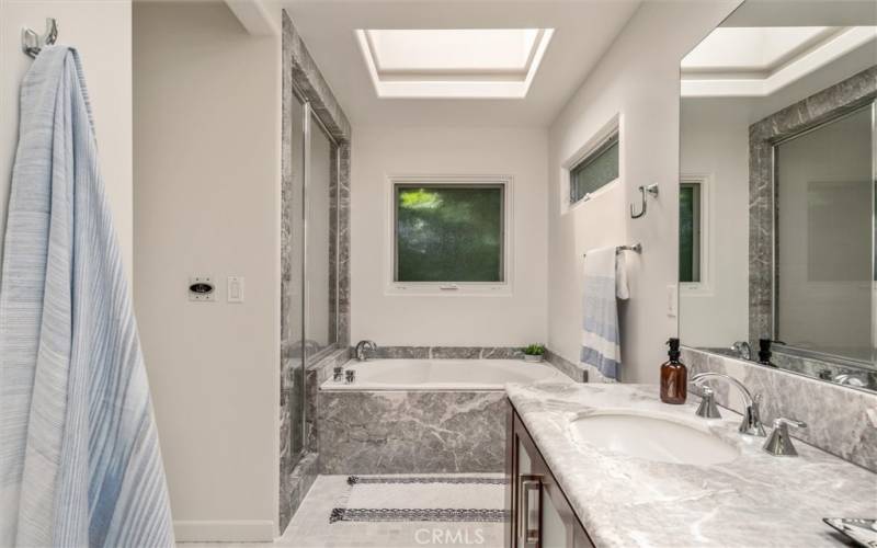 Primary Bathroom with skylights, soaking tub and steam/shower