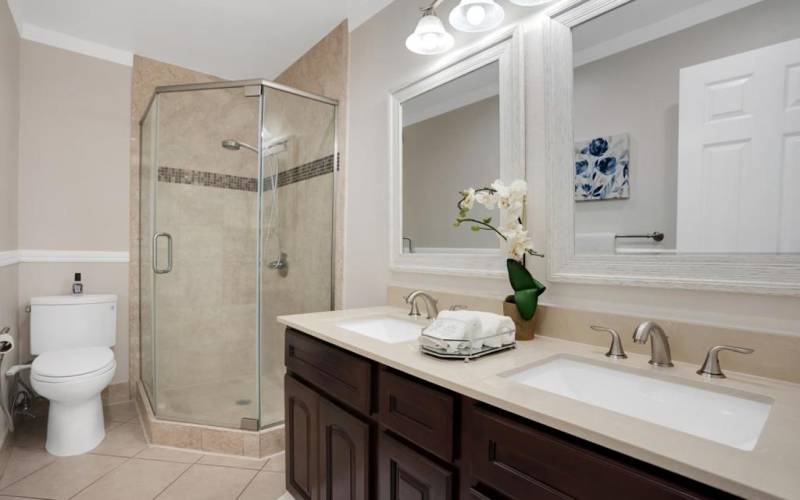 Large master bathroom.  Dual sinks, brush nickel fixtures, dual mirrors and nice cabinets