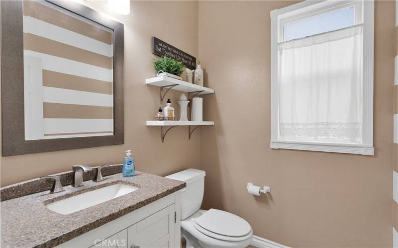 Downstairs guest bathroom is remodeled.