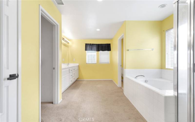 Large primary bathroom has a large soaking tub, oversized shower stall, dual sinks and an entrance to a separate walk-in closet.
