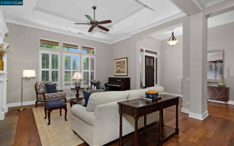 Living Room with Coffered Ceilings Greets You