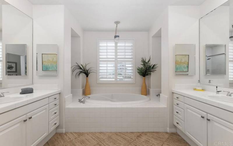 Primary Bathroom with dual sinks, soaking tub & separate shower