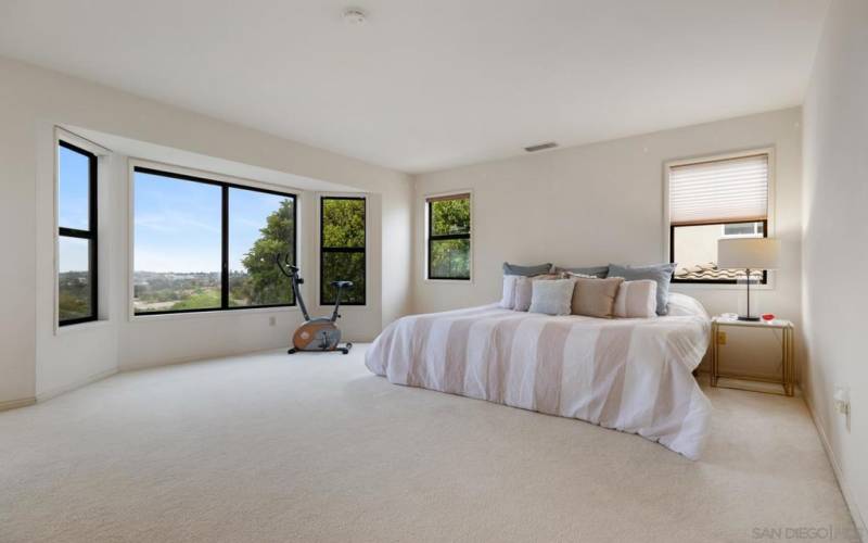 Spacious primary bedroom with west facing views