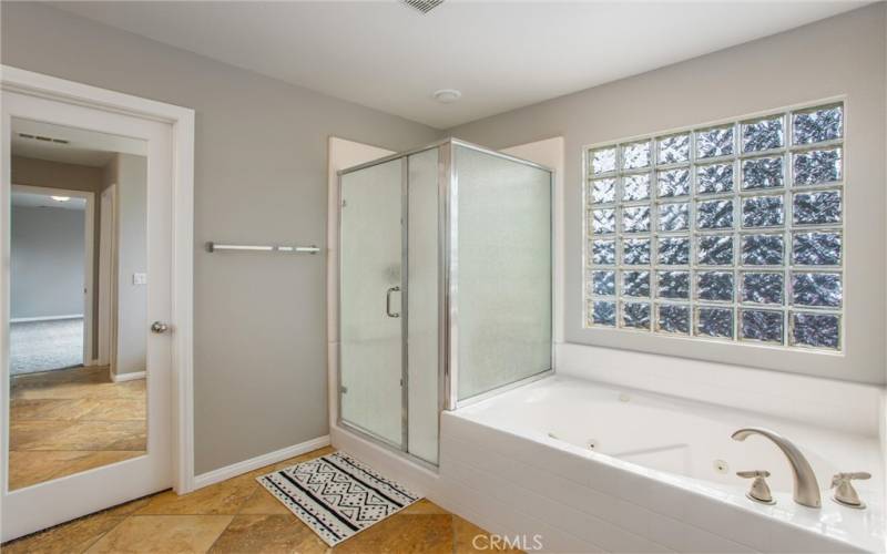 Primary bathroom with walk-in shower and jetted tub

