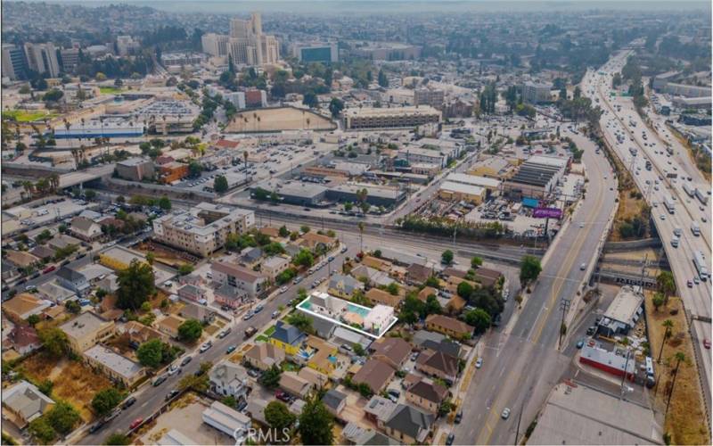 Aerial view of units situated within walking distance to Downtown Los Angeles