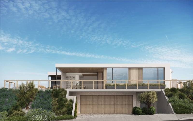 Rendering of property from garage elevation.