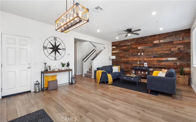 Living room has reclaimed wood