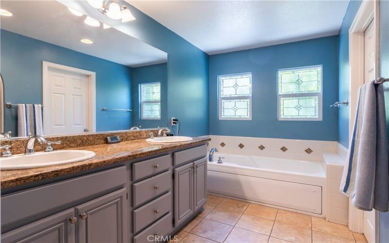 Primary bath has leaded glass privacy windows, a separate soaking tub, dual vanities, toilet room, and a separate walk in shower