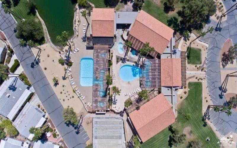 Ariel View of Clubhuse, Pools, & Spas