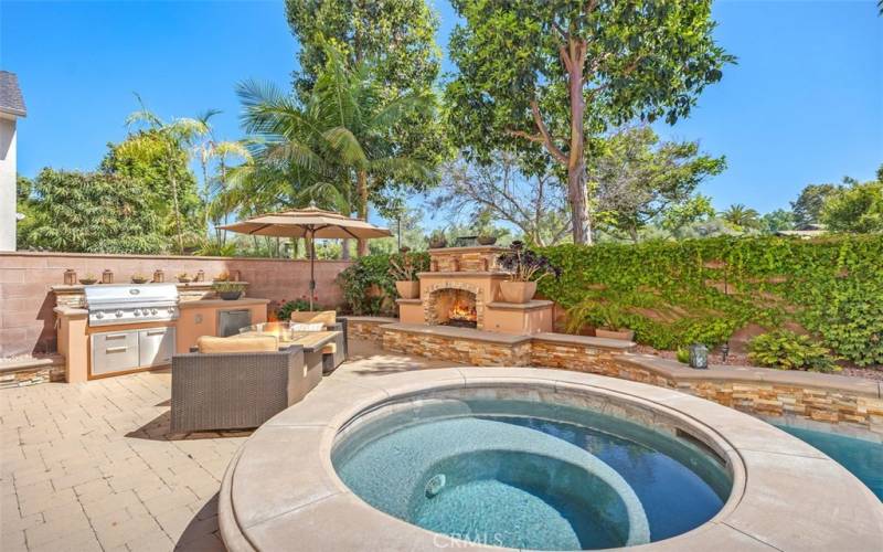 Built in stainless steel BBQ, outdoor fireplace and spa complete this amazing backyard.