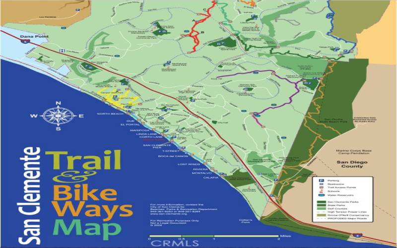 Map of all the hiking and biking trails throughout the City of San Clemente.

