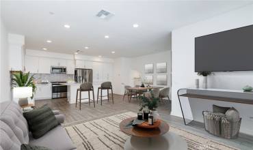 Open Living room view to modern dining and kitchen