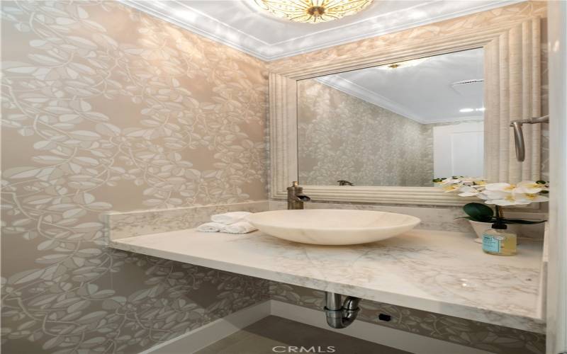 Remodeled Powder bathroom with quartzite counters and bowl for guests!