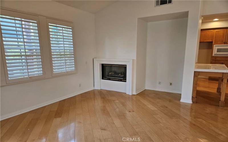Wood floors and gas fireplace.