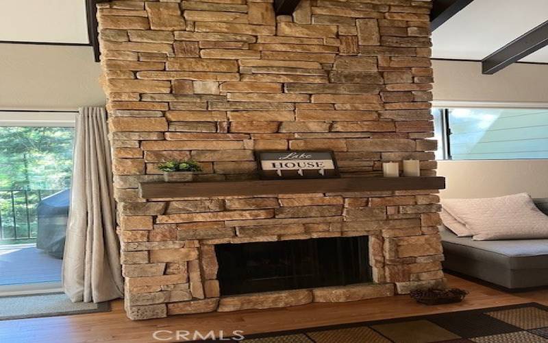 Stack stone fireplace