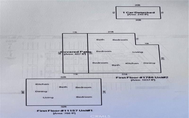 Map of units and 1 car garage.