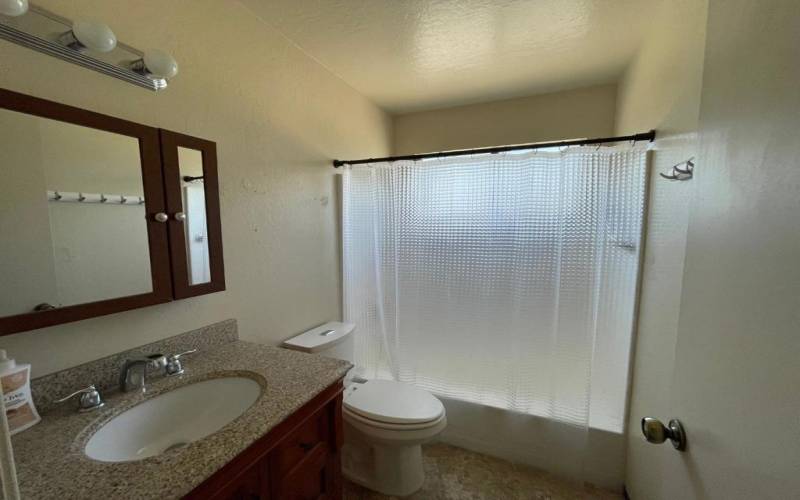 Very nice shower over tub and double flush toilet & Granite counter sink.