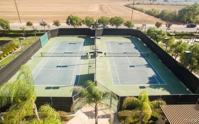 Solera Diamond Valley Clubhouse exterior aerial view of the Tennis courts.