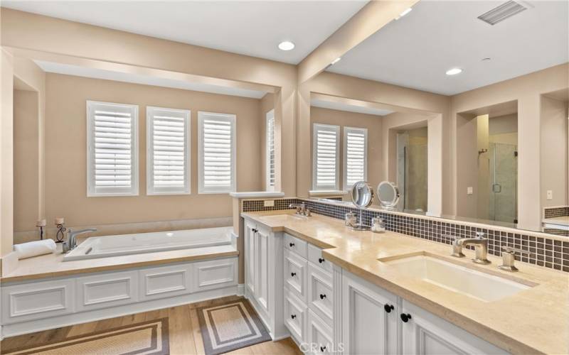 Beautiful Primary Suite Bathroom, luxurious jetted spa tub,  dual sink vanity, large walk in shower and vanity area. Stone counters and finishes.