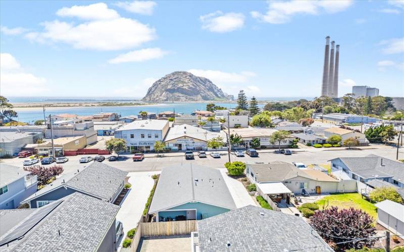 Aerial view of Bay, Morro Rock and Iconic Smoke Stacks, all walkable from the home