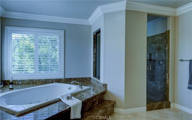 This bright primary bath also has a roomy walk in shower and shutters on the windows.