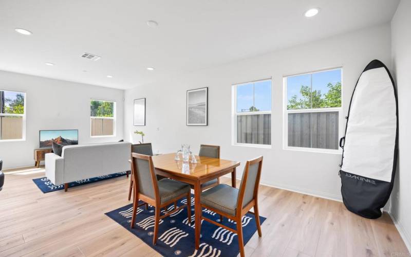 Dining area looks out to yard