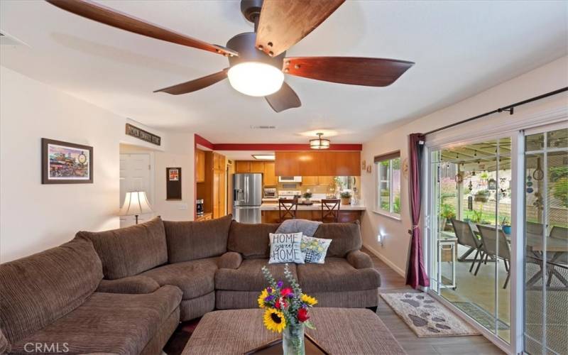 Family room  with lighted ceiling fan