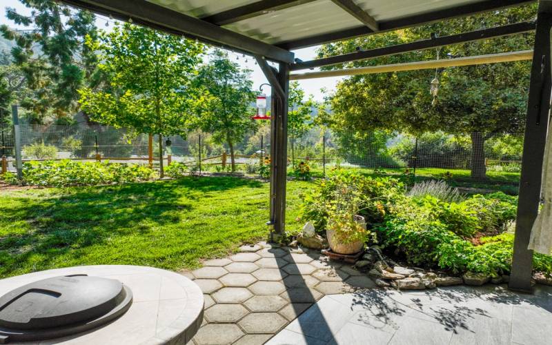 covered patio and fenced in yard off downstairs primary & hallway