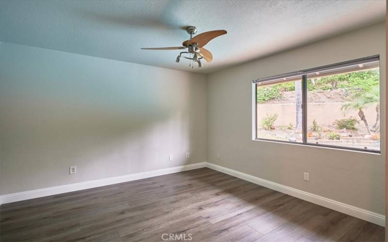 Large bedroom with a view to the backyard next to guest bathroom