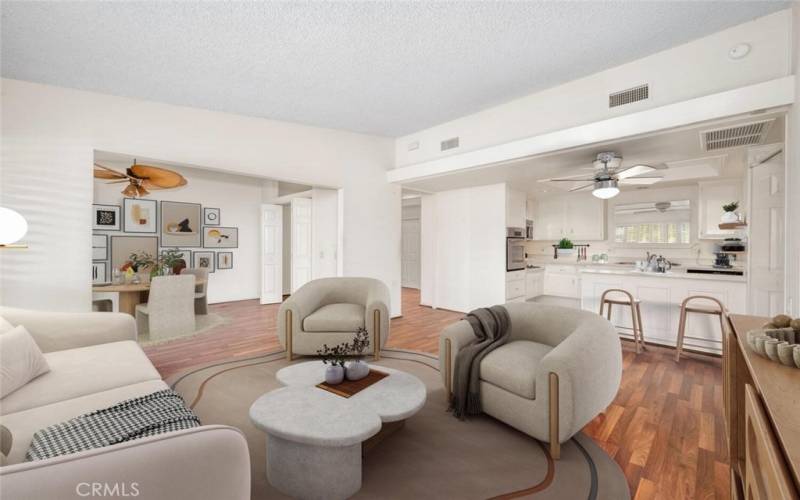 This light and bright living room opens to the kitchen. Virtual staging