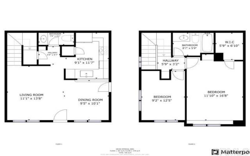 Showing both up- and downstairs floor plans side by side