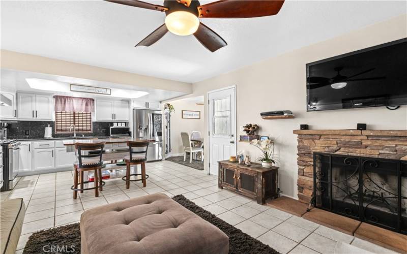 Family room view of kitchen