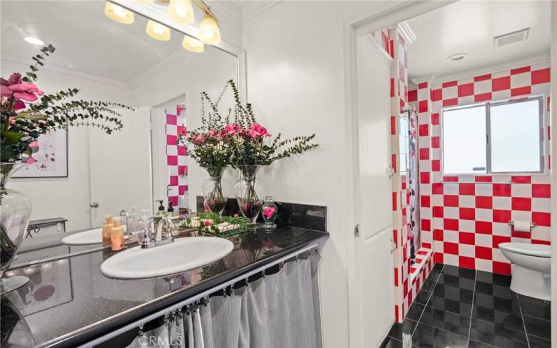 Hallway bathroom has vanity & pedestal sink close to shower