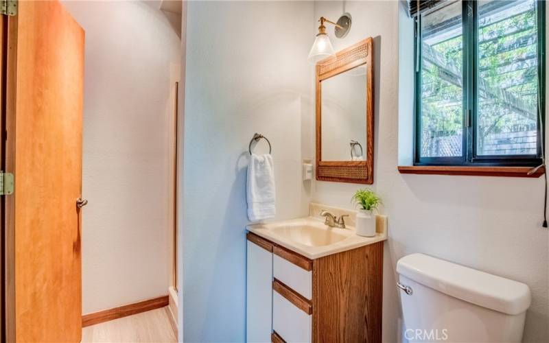 Main level guest bathroom features shower as well..