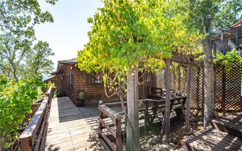 Walkway towards front door - multiple decks with grapes growing and wonderful sitting areas to enjoy it all...