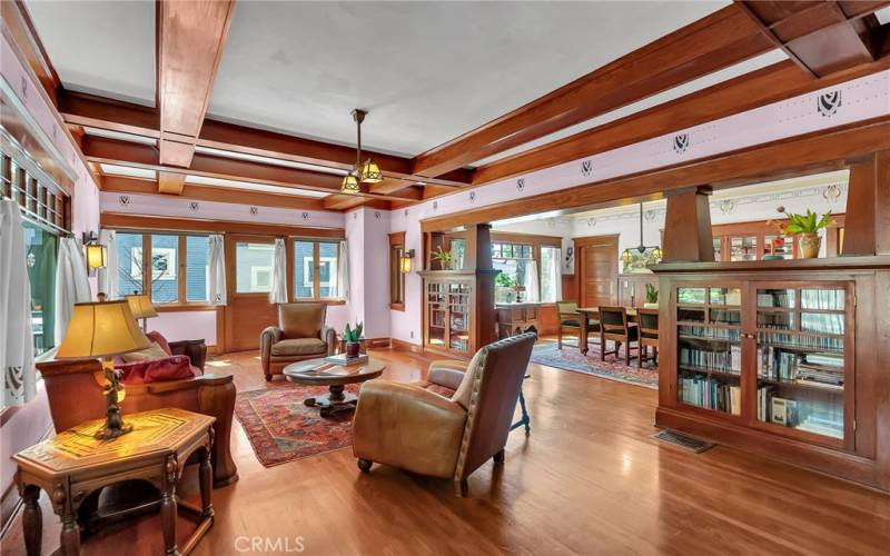 Living room with box beamed ceiling.