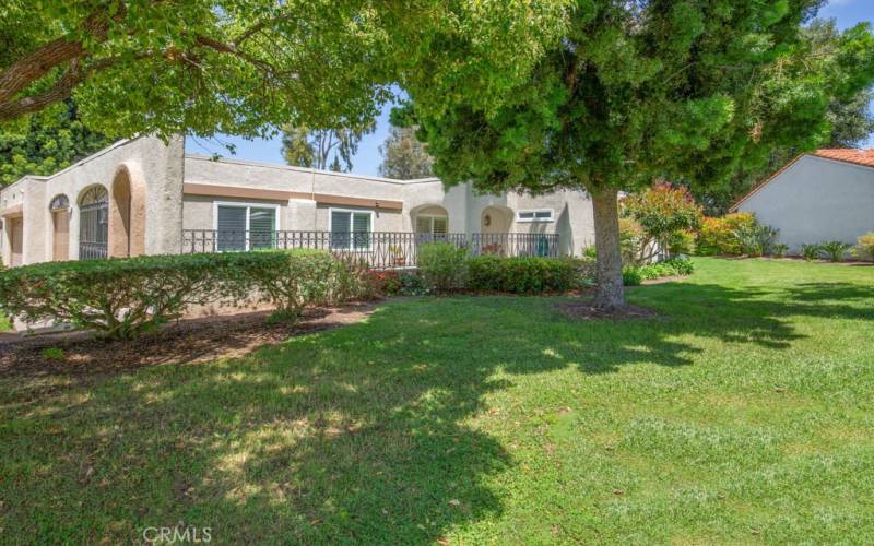 Situated far from busy roads and noisy highways, this property has excellent curb appeal with landscaping maintained by the Mutual. Note the large side yard.